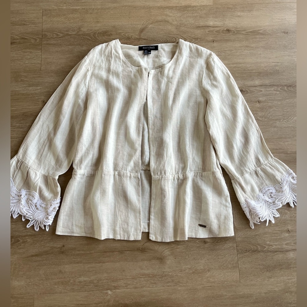 Ellen Tracy Crochet Cuff Open Front Striped Linen Blazer Topper XL Cream & Tan